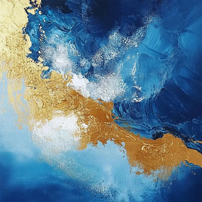 GOLDEN TIDE: Vertical Abstract Painting, Blue, Gold | gold frame stretched on neutral wall