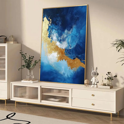 GOLDEN TIDE: Vertical Abstract Painting, Blue, Gold | rolled canvas, ready for custom framing