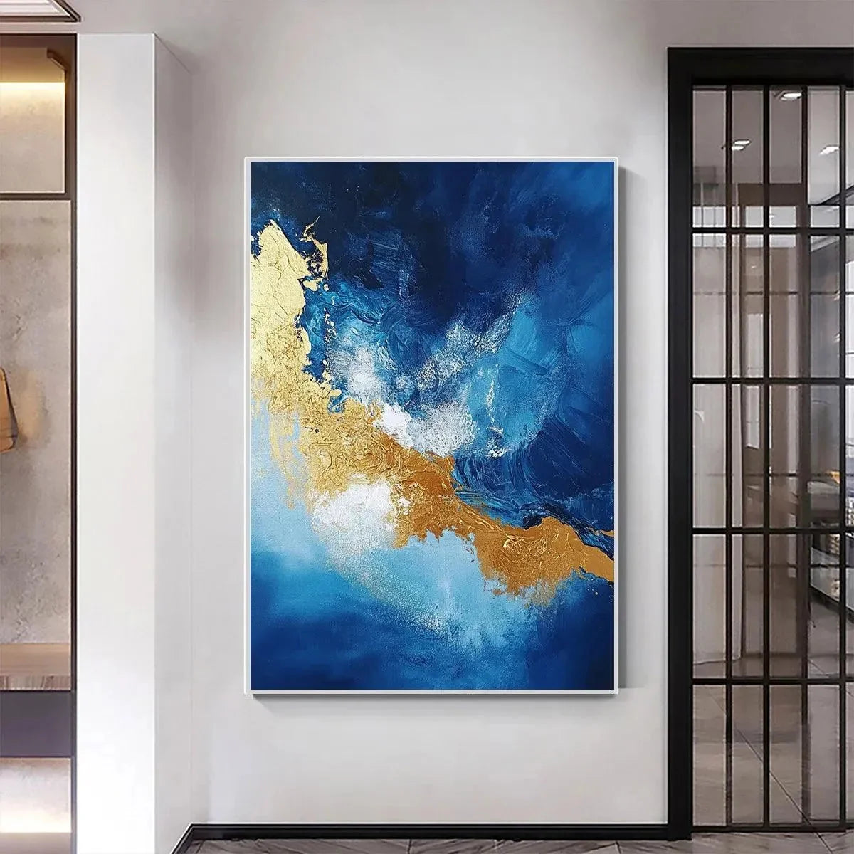 GOLDEN TIDE: Vertical Abstract Painting, Blue, Gold | black frame version on white wall