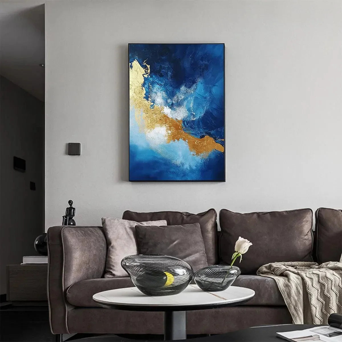 GOLDEN TIDE: Vertical Abstract Painting, Blue, Gold | Abstract mood, soft natural light studio shot
