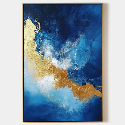 GOLDEN TIDE: Vertical Abstract Painting, Blue, Gold | hanging in living room, Abstract wall art