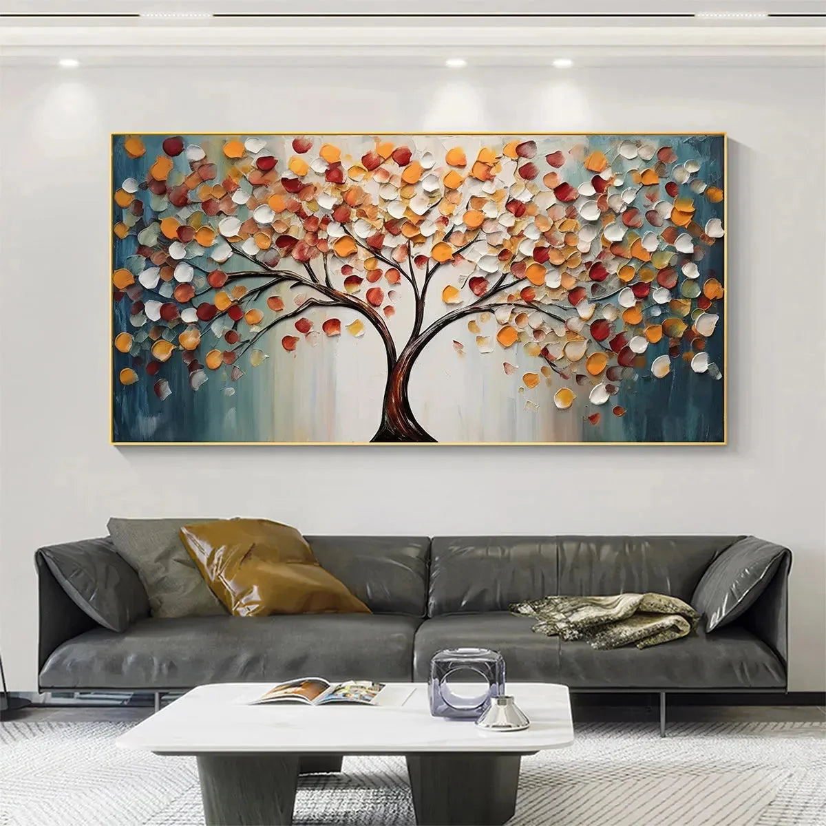 GOLDEN TREE OF LIFE: Panoramic Impasto Tree Painting, Textured Wall Art, Colorful, Living Room | Figurative closeup, raised brushwork detail