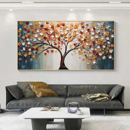 GOLDEN TREE OF LIFE: Panoramic Impasto Tree Painting, Textured Wall Art, Colorful, Living Room | Figurative closeup, raised brushwork detail