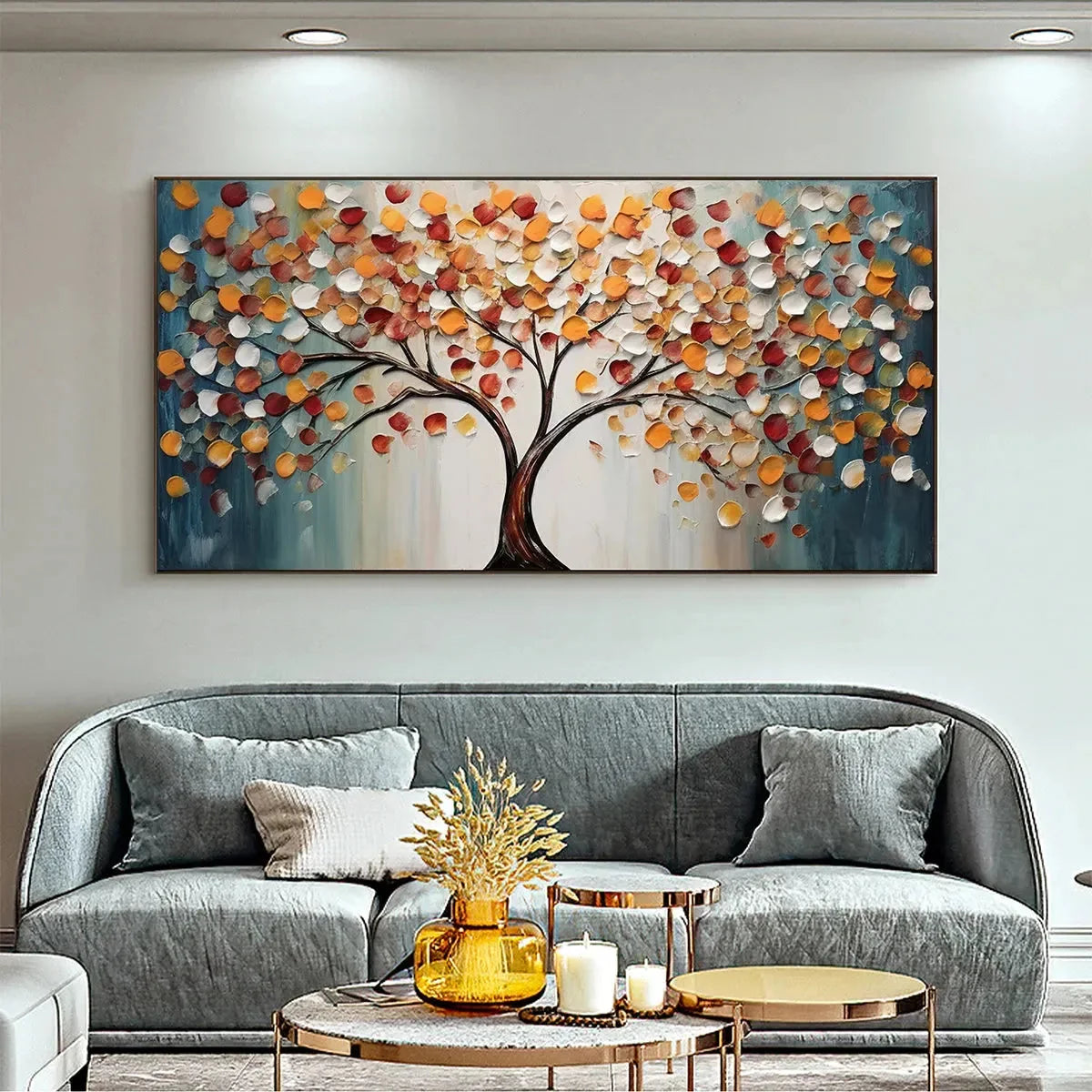 GOLDEN TREE OF LIFE: Panoramic Impasto Tree Painting, Textured Wall Art, Colorful, Living Room | gold frame stretched on neutral wall