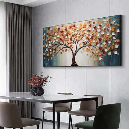 GOLDEN TREE OF LIFE: Panoramic Impasto Tree Painting, Textured Wall Art, Colorful, Living Room | black frame version on white wall