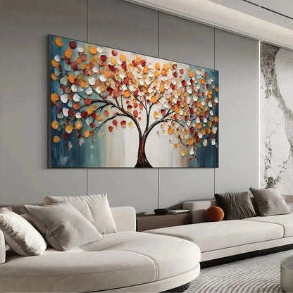GOLDEN TREE OF LIFE: Panoramic Impasto Tree Painting, Textured Wall Art, Colorful, Living Room | Figurative mood, soft natural light studio shot