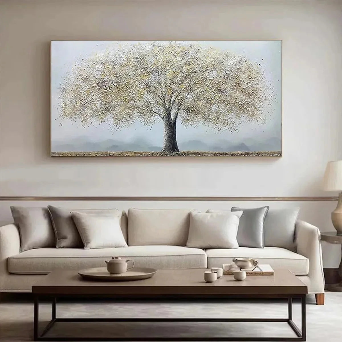 GOLDEN TREE: Textured Tree Painting in Gold and Grey | Figurative closeup, raised brushwork detail