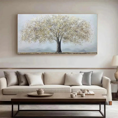 GOLDEN TREE: Textured Tree Painting in Gold and Grey | Figurative closeup, raised brushwork detail