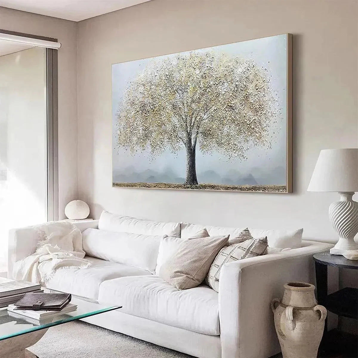 GOLDEN TREE: Textured Tree Painting in Gold and Grey | gold frame stretched on neutral wall
