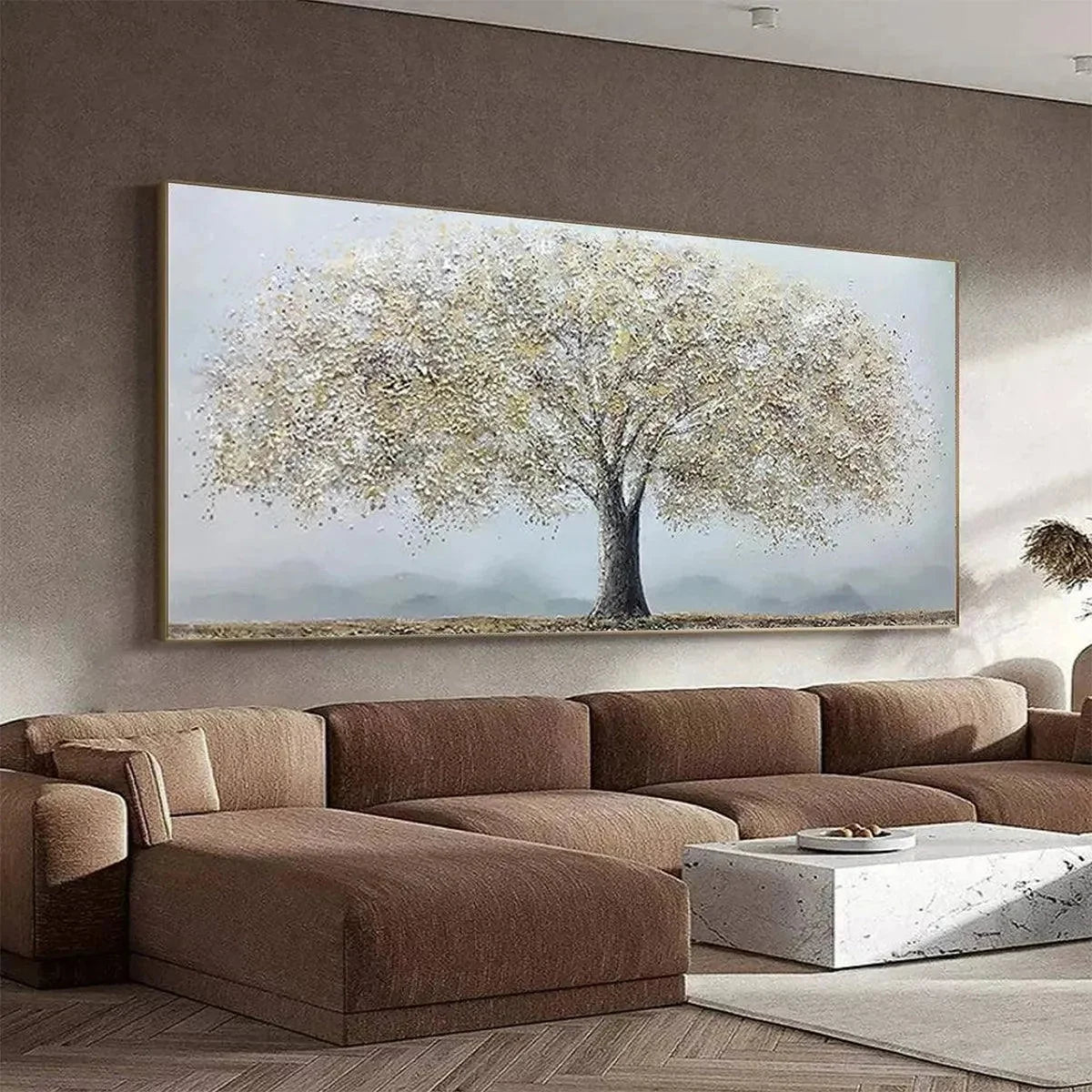 GOLDEN TREE: Textured Tree Painting in Gold and Grey | black frame version on white wall