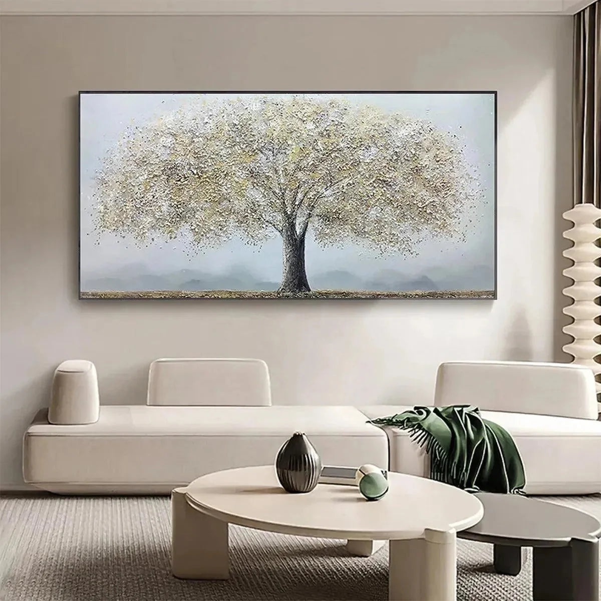 GOLDEN TREE: Textured Tree Painting in Gold and Grey | Figurative mood, soft natural light studio shot