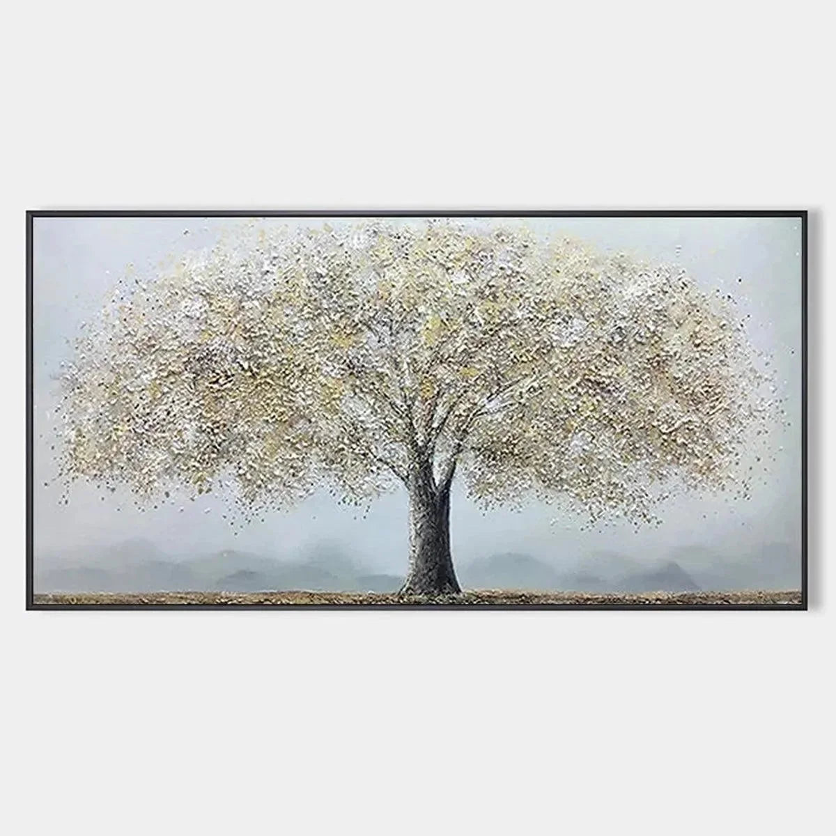 GOLDEN TREE: Textured Tree Painting in Gold and Grey | hanging in living room, Figurative wall art