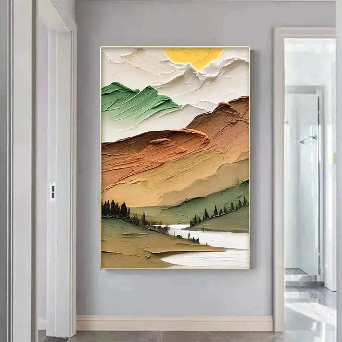 GOLDEN VALLEY: Textured Mountain Landscape Painting, Green and Gold Wall Art, Vertical Canvas, Impasto Decor | Landscape closeup, raised brushwork detail