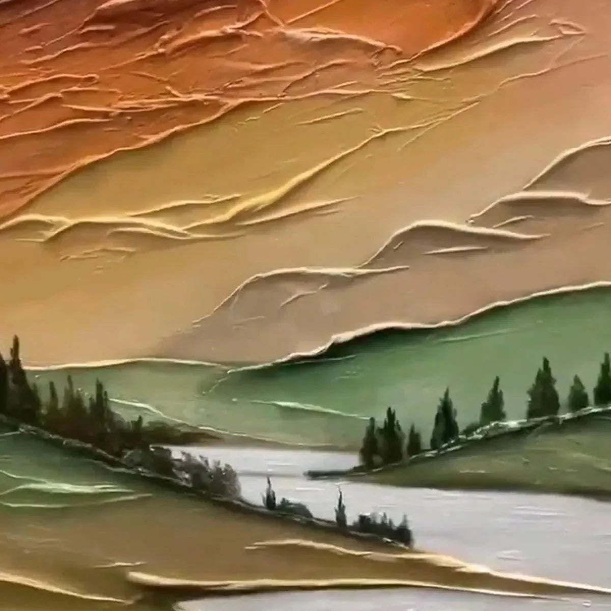 GOLDEN VALLEY: Textured Mountain Landscape Painting, Green and Gold Wall Art, Vertical Canvas, Impasto Decor | rectangular format, hand-painted canvas edge