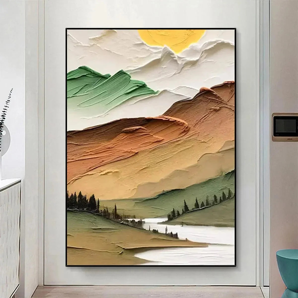 GOLDEN VALLEY: Textured Mountain Landscape Painting, Green and Gold Wall Art, Vertical Canvas, Impasto Decor | gold frame stretched on neutral wall