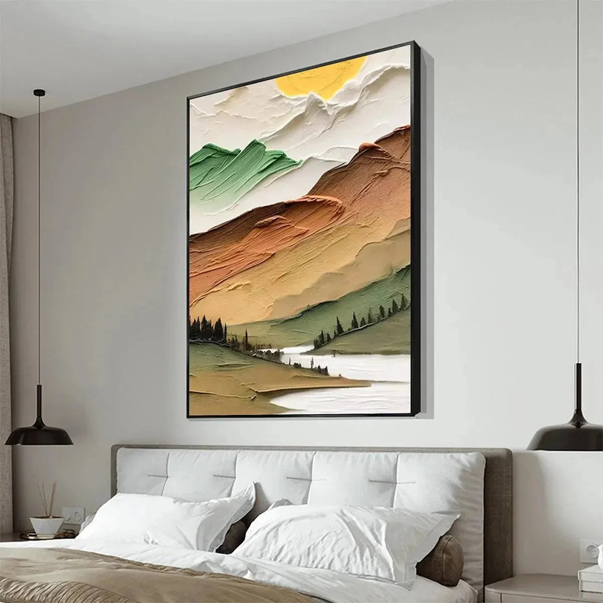 GOLDEN VALLEY: Textured Mountain Landscape Painting, Green and Gold Wall Art, Vertical Canvas, Impasto Decor | rolled canvas, ready for custom framing
