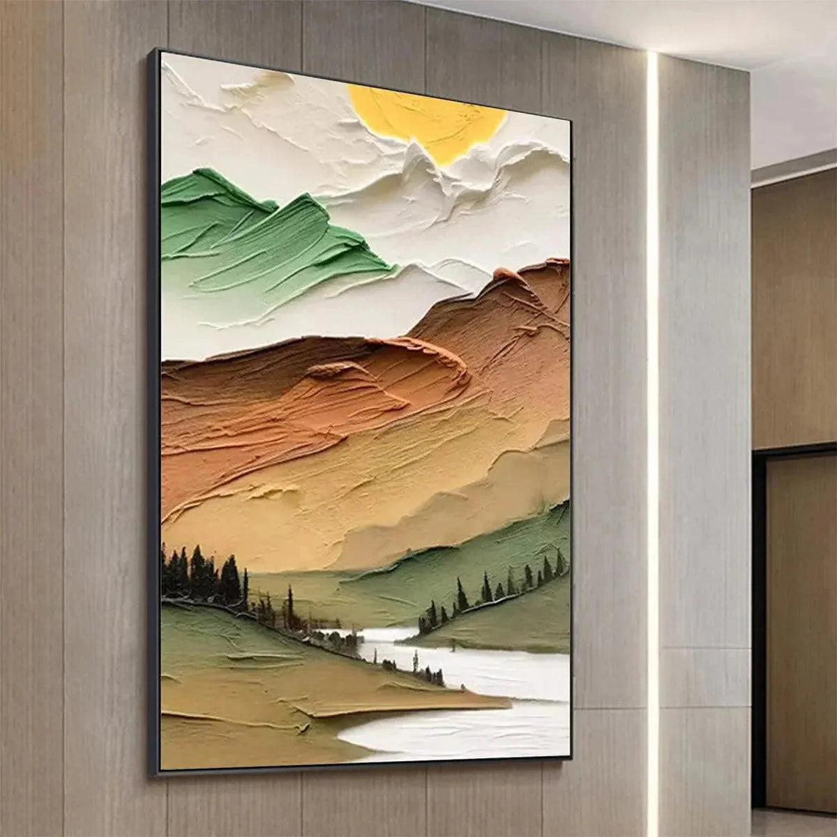 GOLDEN VALLEY: Textured Mountain Landscape Painting, Green and Gold Wall Art, Vertical Canvas, Impasto Decor | Landscape mood, soft natural light studio shot