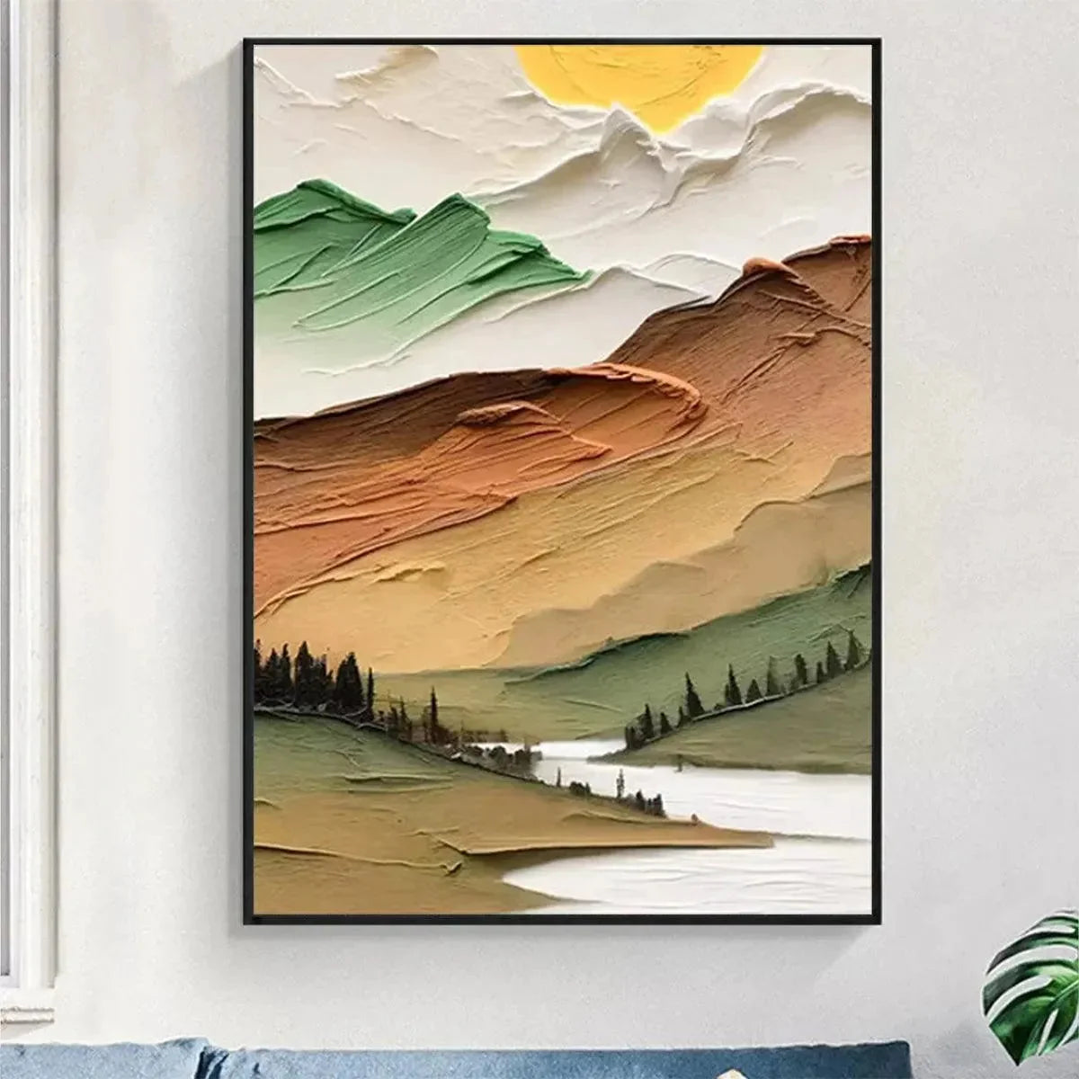 GOLDEN VALLEY: Textured Mountain Landscape Painting, Green and Gold Wall Art, Vertical Canvas, Impasto Decor | green palette, original oil on stretched canvas art