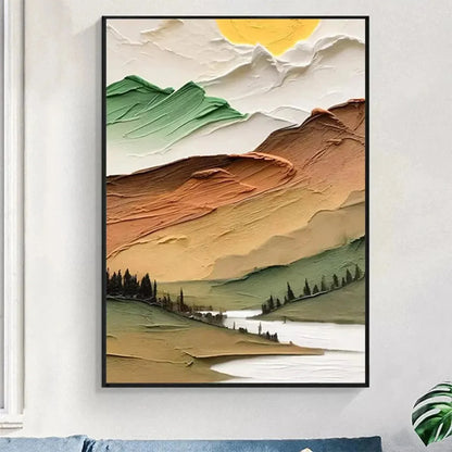 GOLDEN VALLEY: Textured Mountain Landscape Painting, Green and Gold Wall Art, Vertical Canvas, Impasto Decor | green palette, original oil on stretched canvas art