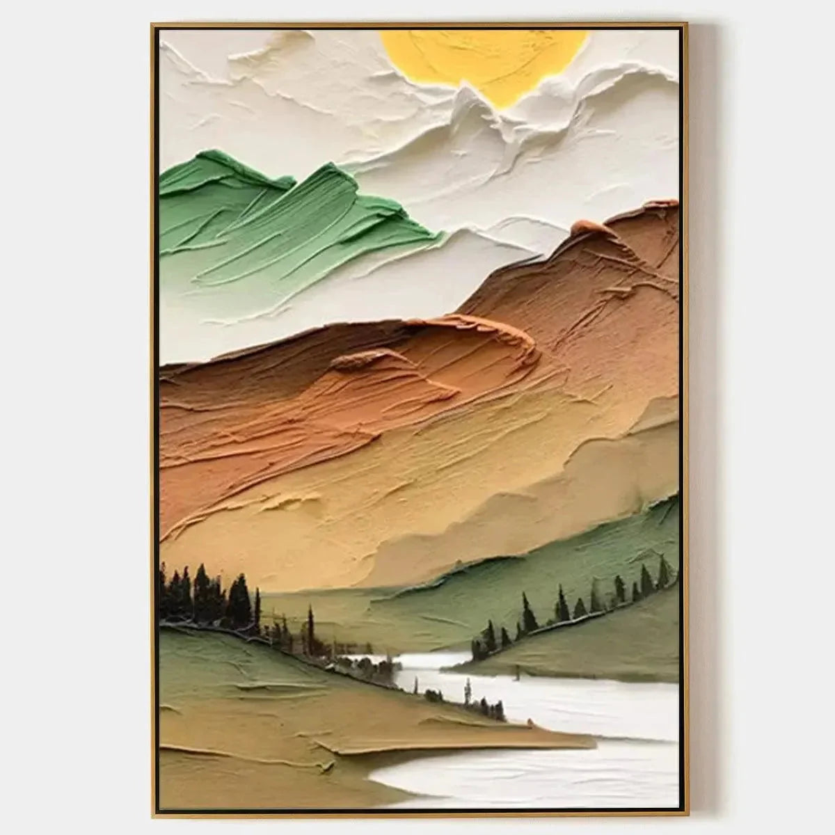 GOLDEN VALLEY: Textured Mountain Landscape Painting, Green and Gold Wall Art, Vertical Canvas, Impasto Decor | hanging in living room, Landscape wall art
