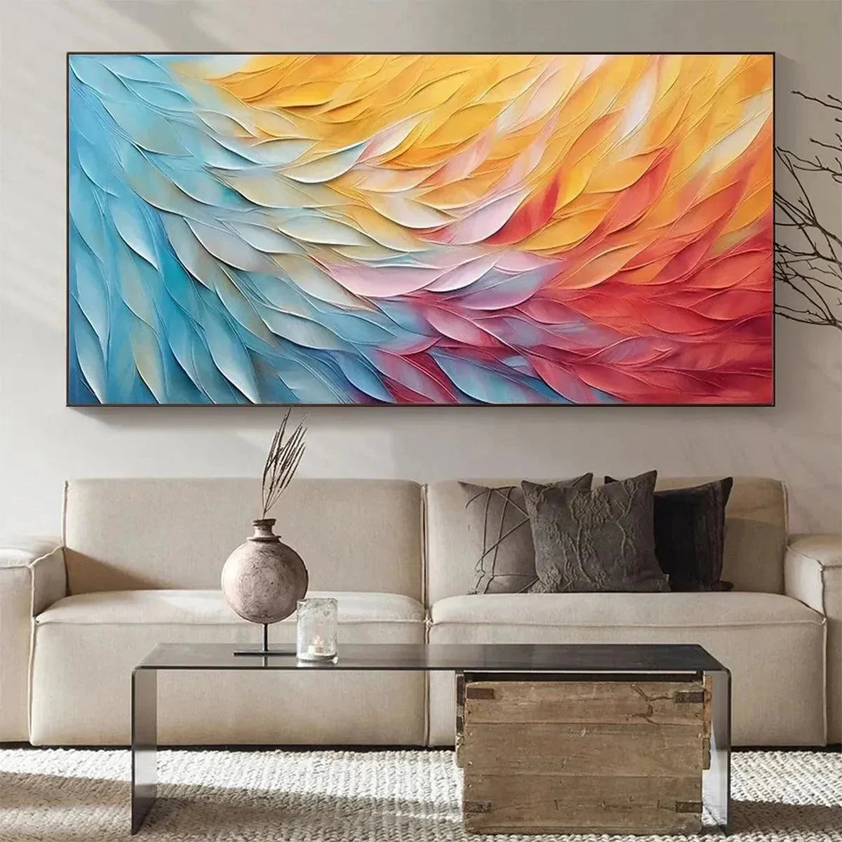 GOLDEN WAVES: Textured Abstract Painting, Horizontal Wall Art | gold frame stretched on neutral wall