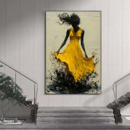 GOLDEN WHIRL: Textured Impasto Figurative Oil Painting of Woman in Yellow Dress | Figurative closeup, raised brushwork detail