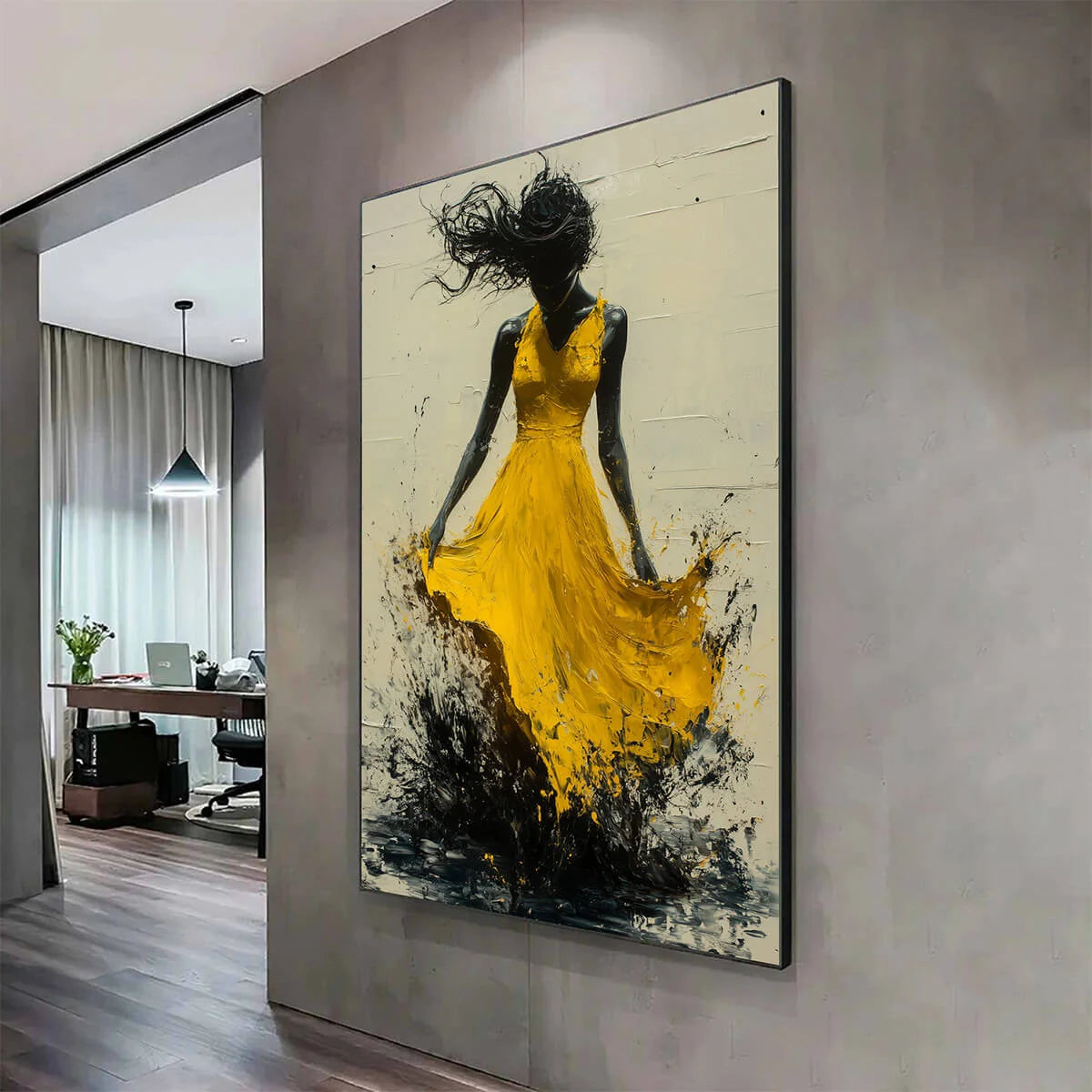 GOLDEN WHIRL: Textured Impasto Figurative Oil Painting of Woman in Yellow Dress | rectangular format, hand-painted canvas edge