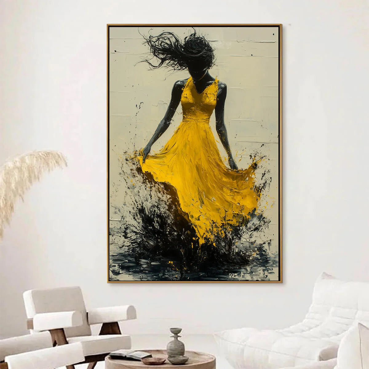GOLDEN WHIRL: Textured Impasto Figurative Oil Painting of Woman in Yellow Dress | gold frame stretched on neutral wall