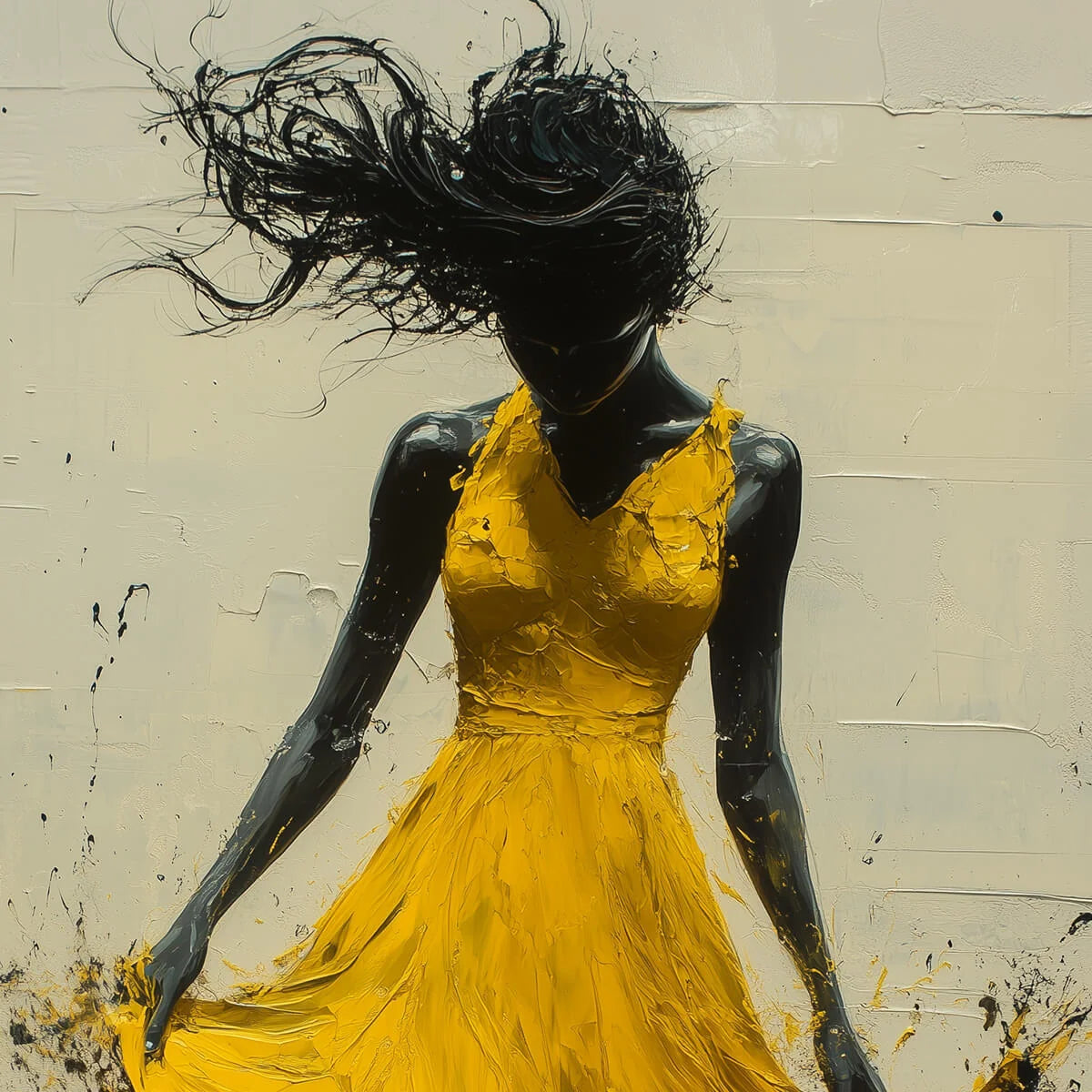 GOLDEN WHIRL: Textured Impasto Figurative Oil Painting of Woman in Yellow Dress | black frame version on white wall