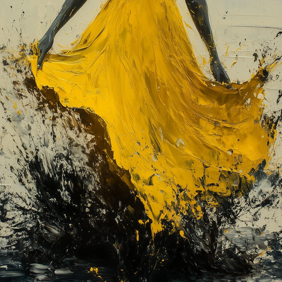 GOLDEN WHIRL: Textured Impasto Figurative Oil Painting of Woman in Yellow Dress | Figurative mood, soft natural light studio shot