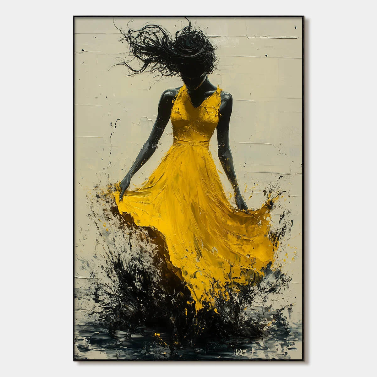 GOLDEN WHIRL: Textured Impasto Figurative Oil Painting of Woman in Yellow Dress | hanging in living room, Figurative wall art