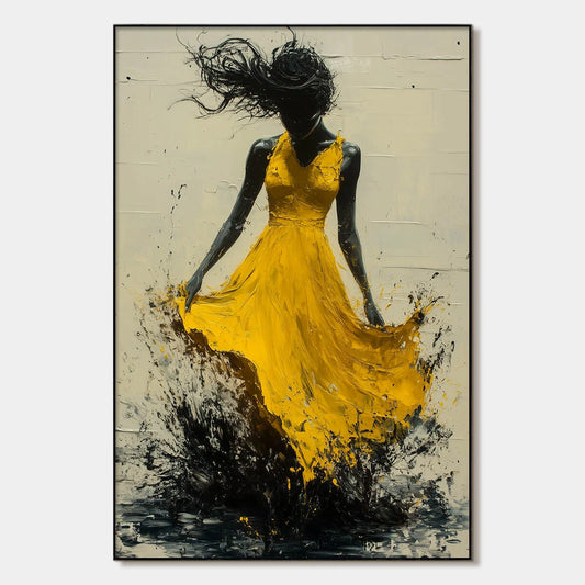 GOLDEN WHIRL: Textured Impasto Figurative Oil Painting of Woman in Yellow Dress | hanging in living room, Figurative wall art