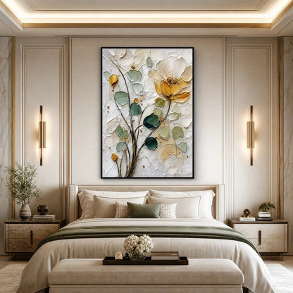 GOLDEN WHISPER: Textured Floral Impasto Painting with Gold Leaf | gold frame stretched on neutral wall