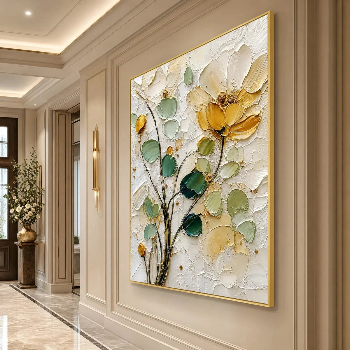 GOLDEN WHISPER: Textured Floral Impasto Painting with Gold Leaf | rolled canvas, ready for custom framing