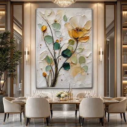 GOLDEN WHISPER: Textured Floral Impasto Painting with Gold Leaf | black frame version on white wall
