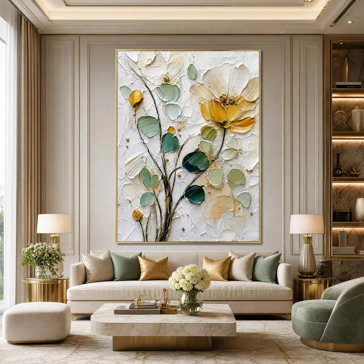 GOLDEN WHISPER: Textured Floral Impasto Painting with Gold Leaf | Abstract mood, soft natural light studio shot