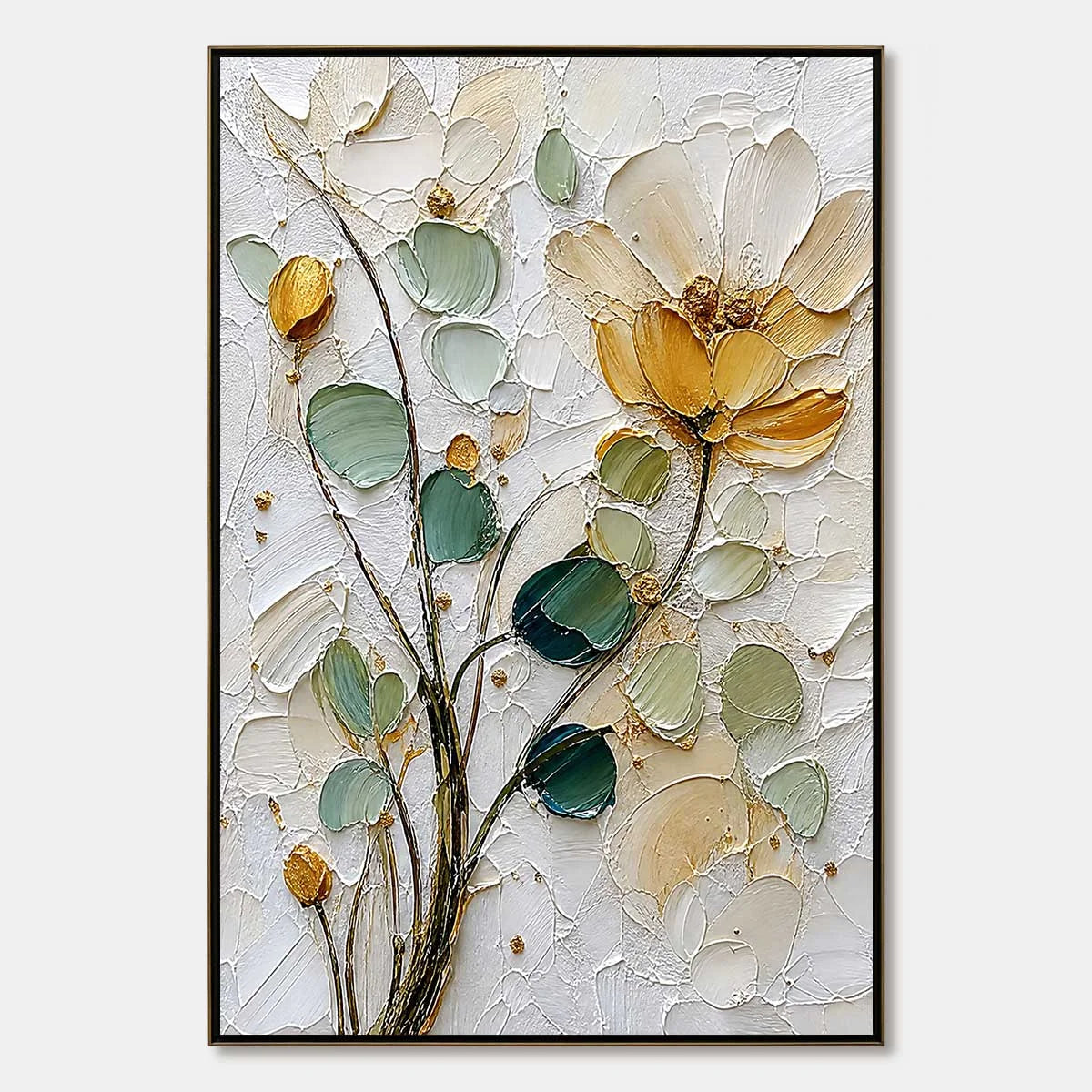 GOLDEN WHISPER: Textured Floral Impasto Painting with Gold Leaf | hanging in living room, Abstract wall art