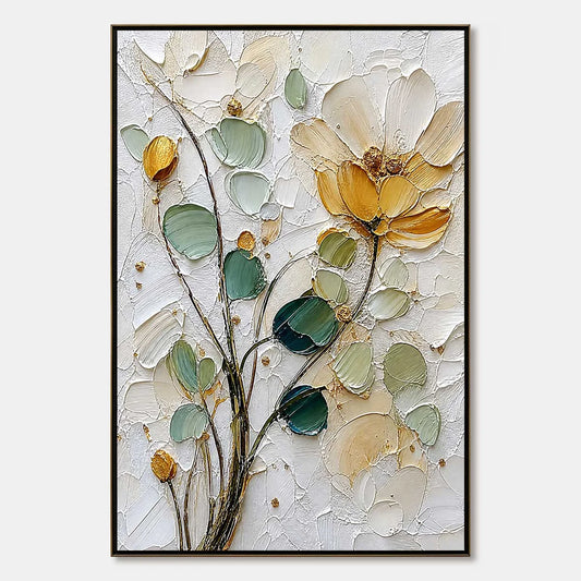 GOLDEN WHISPER: Textured Floral Impasto Painting with Gold Leaf | hanging in living room, Abstract wall art