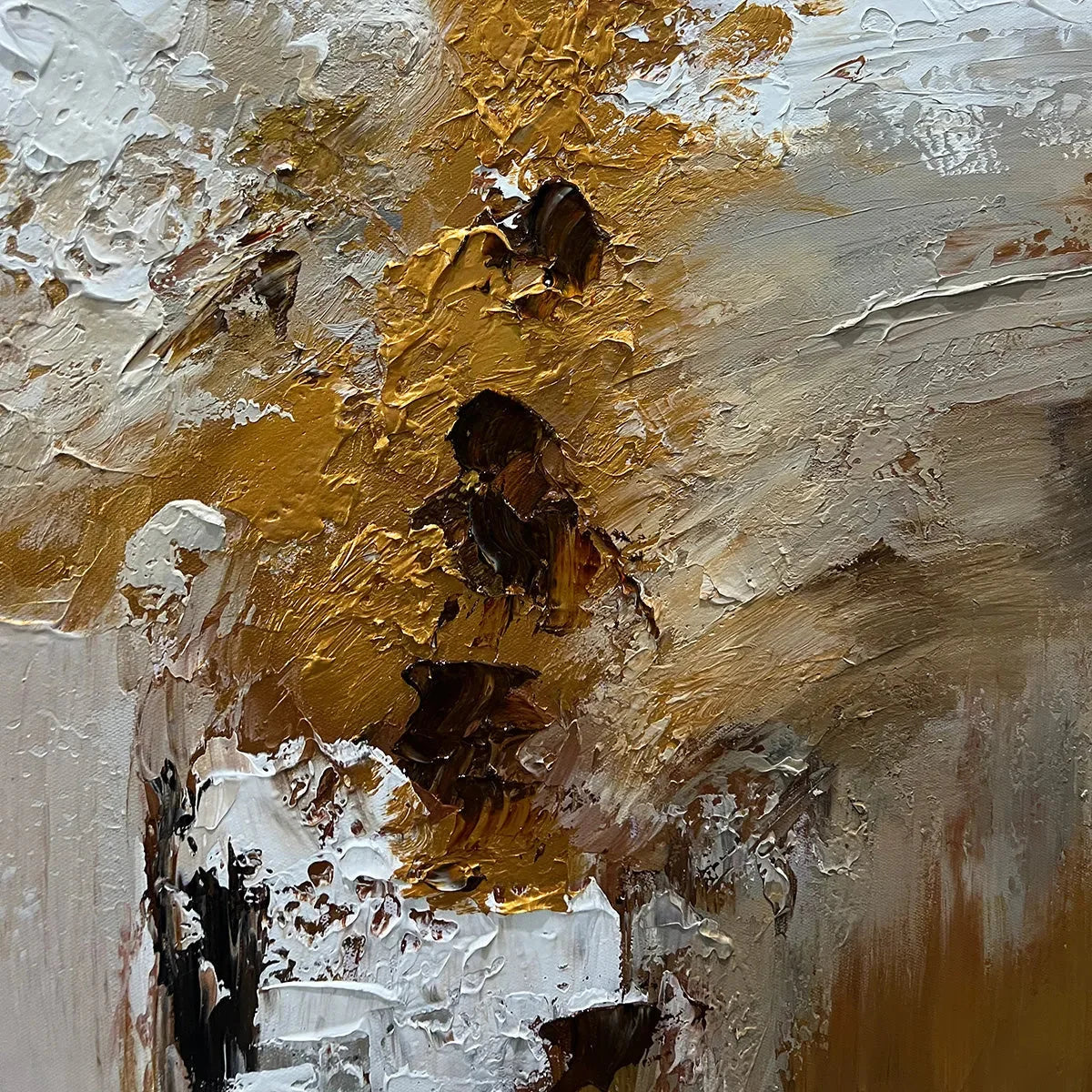 GOLDEN WHISPERS: Textured Abstract Painting in Beige, White, and Gold | gold frame stretched on neutral wall