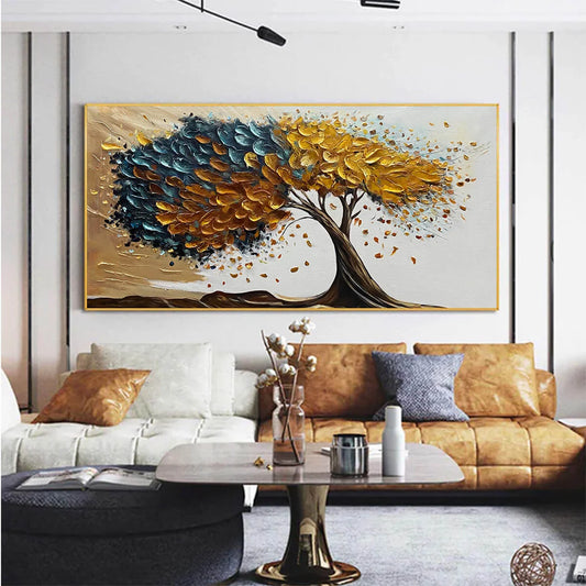 GOLDEN WHISPERS: Textured Abstract Tree Oil Painting
