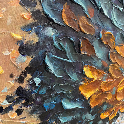 GOLDEN WHISPERS: Textured Abstract Tree Oil Painting | rectangular format, hand-painted canvas edge