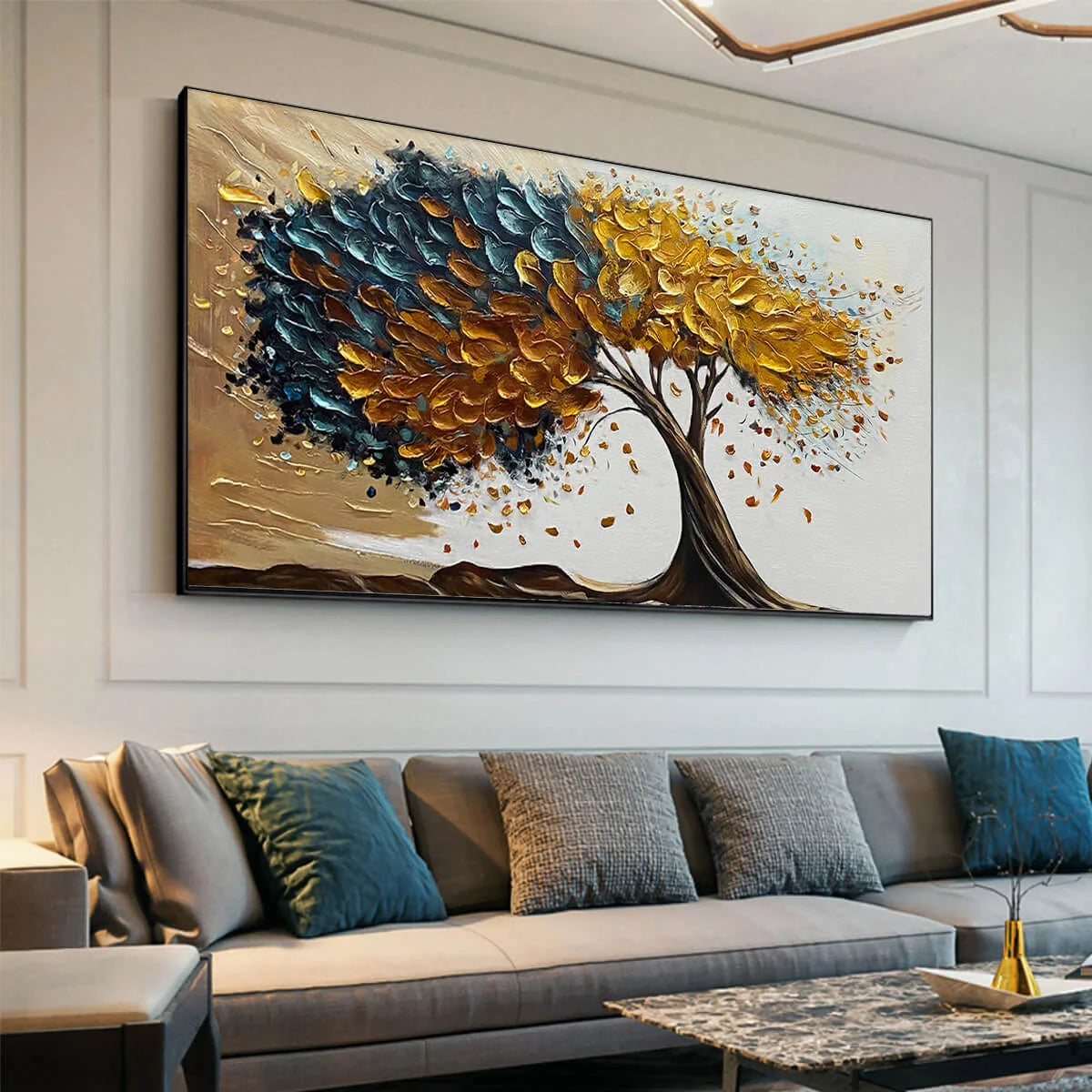 GOLDEN WHISPERS: Textured Abstract Tree Oil Painting | gold frame stretched on neutral wall