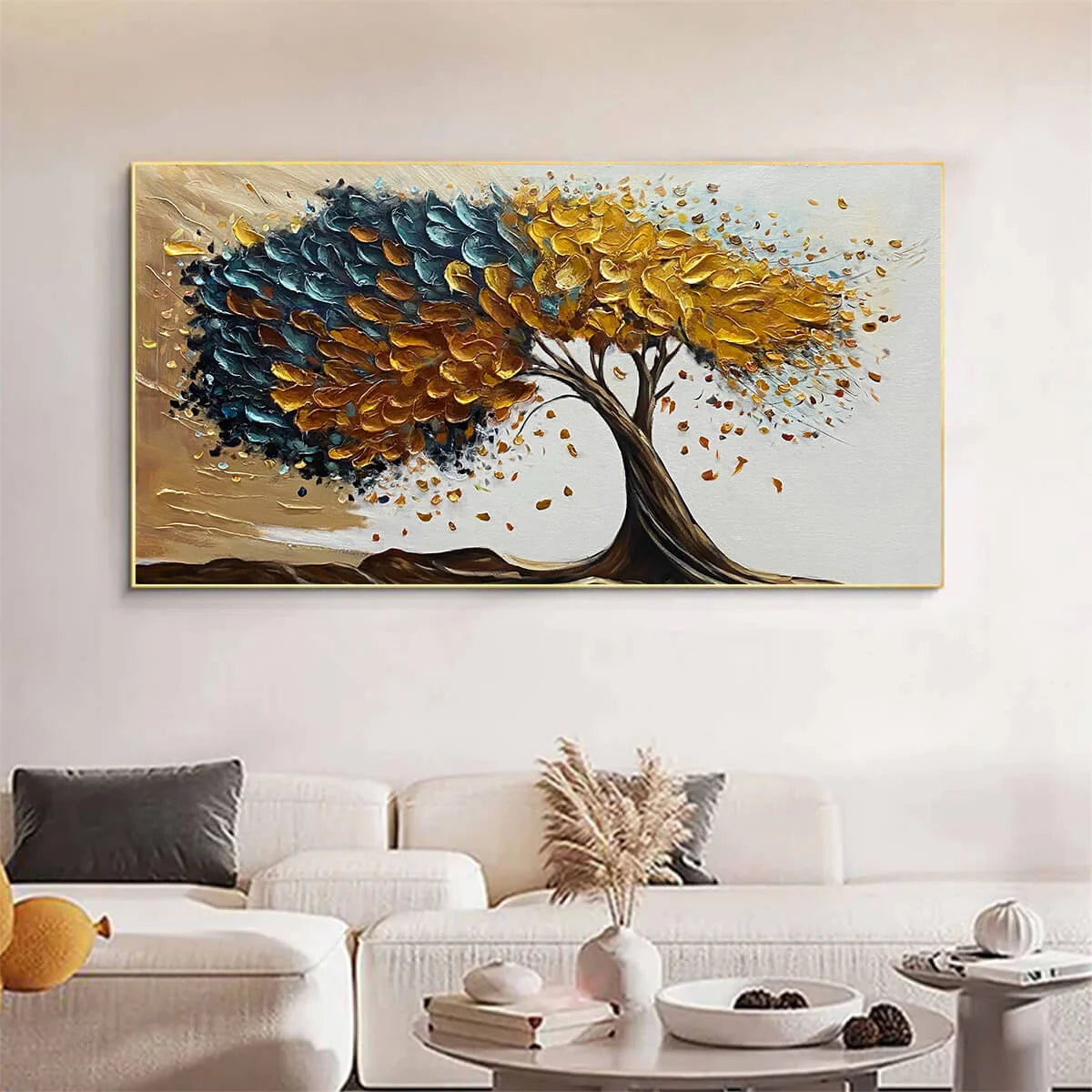 GOLDEN WHISPERS: Textured Abstract Tree Oil Painting | black frame version on white wall