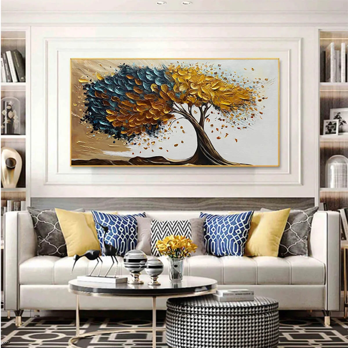 GOLDEN WHISPERS: Textured Abstract Tree Oil Painting | Figurative mood, soft natural light studio shot