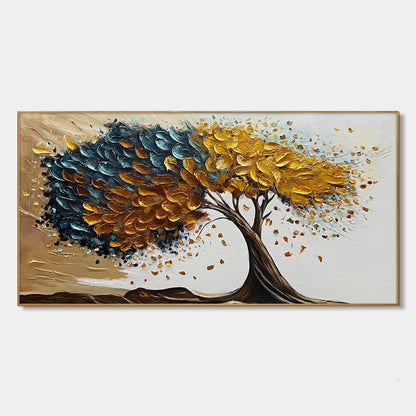 GOLDEN WHISPERS: Textured Abstract Tree Oil Painting | hanging in living room, Figurative wall art