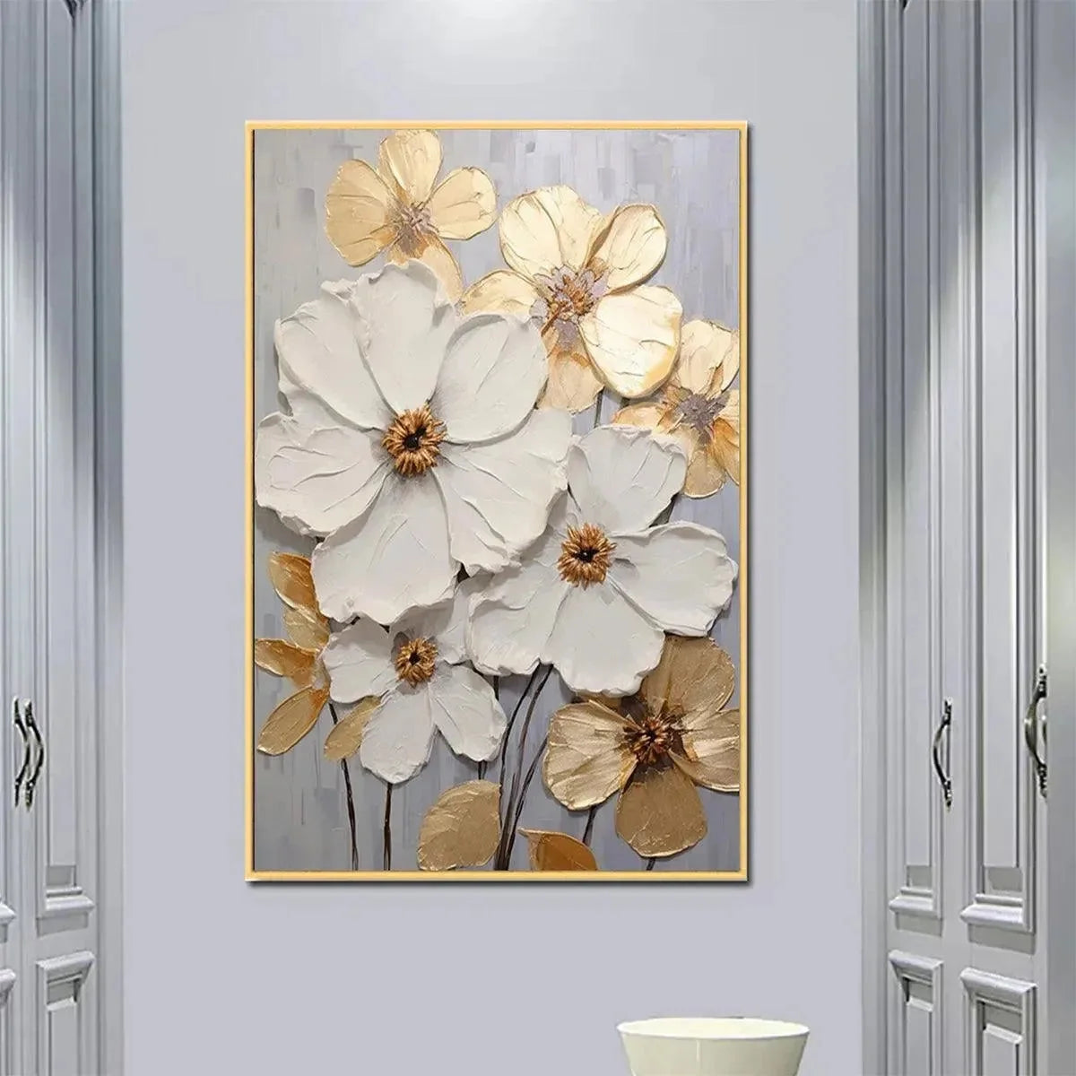 GOLDEN WHISPERS: Textured Floral Painting, Gold and White Wall Art, Vertical Canvas, Impasto Decor | Abstract closeup, raised brushwork detail