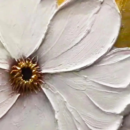 GOLDEN WHISPERS: Textured Floral Painting, Gold and White Wall Art, Vertical Canvas, Impasto Decor | rectangular format, hand-painted canvas edge