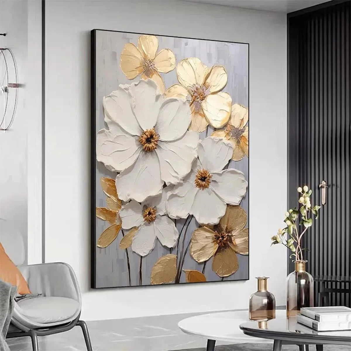 GOLDEN WHISPERS: Textured Floral Painting, Gold and White Wall Art, Vertical Canvas, Impasto Decor | gold frame stretched on neutral wall