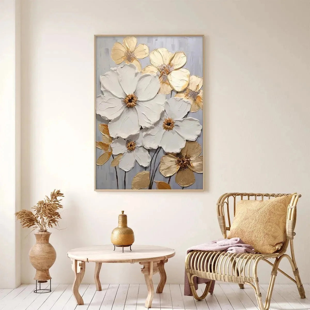 GOLDEN WHISPERS: Textured Floral Painting, Gold and White Wall Art, Vertical Canvas, Impasto Decor | rolled canvas, ready for custom framing