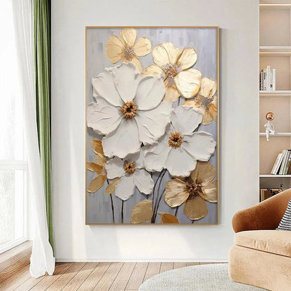 GOLDEN WHISPERS: Textured Floral Painting, Gold and White Wall Art, Vertical Canvas, Impasto Decor | black frame version on white wall